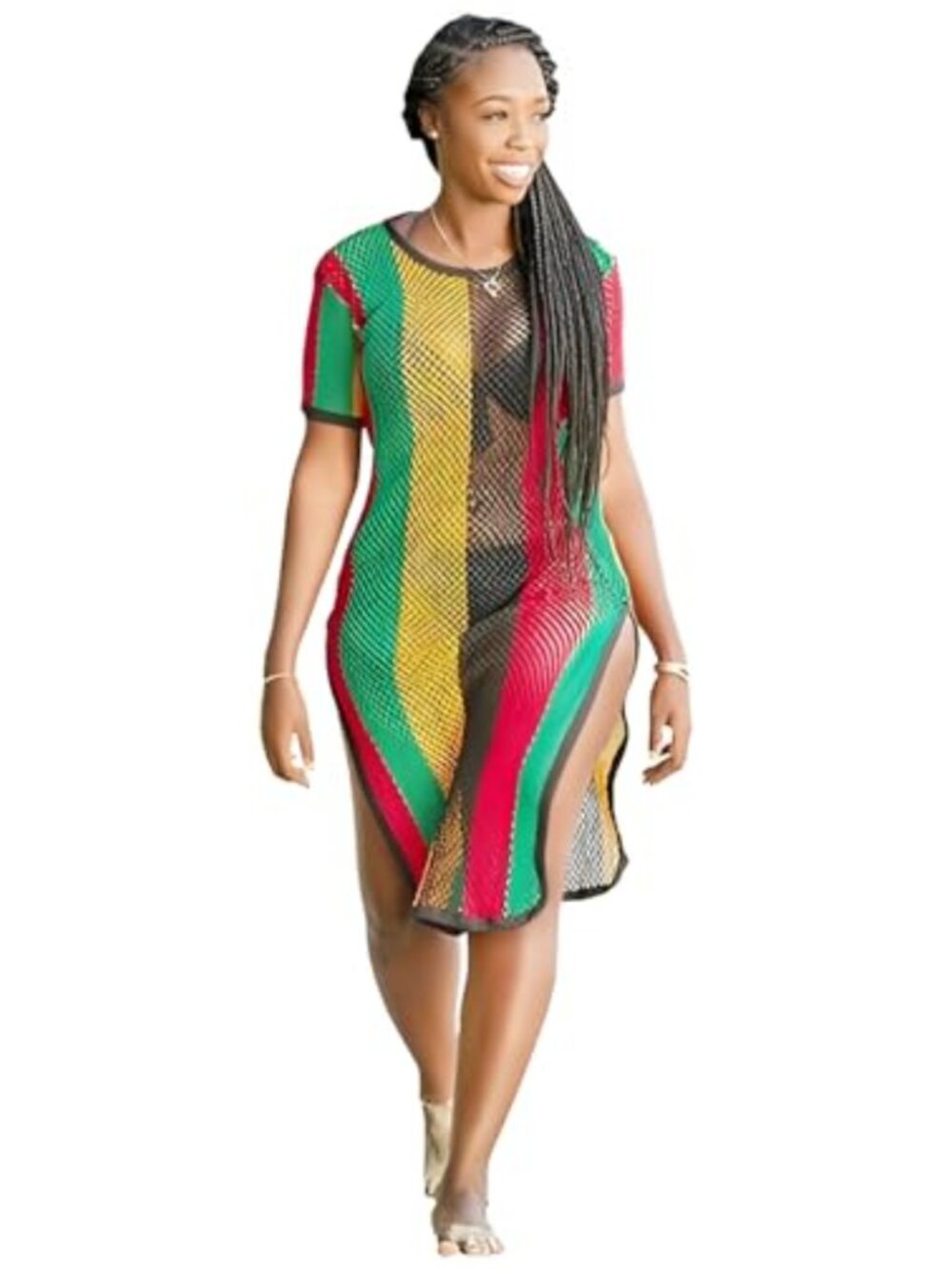Multicolor Mesh Crochet Knit Midi Dress with Side Slits Sheer Fishnet Cover-Up